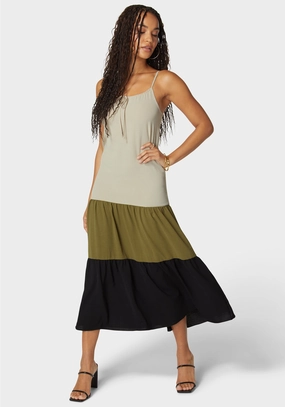 Color Block Tiered Maxi Dress Knit Warm Breezy Mood
