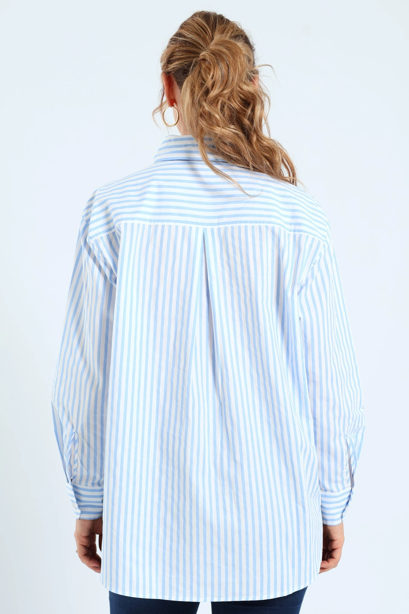 NonChafing Fabric Layered Shoulder Long Sleeve Oversized Stripe Poplin Shirt - White/Blue