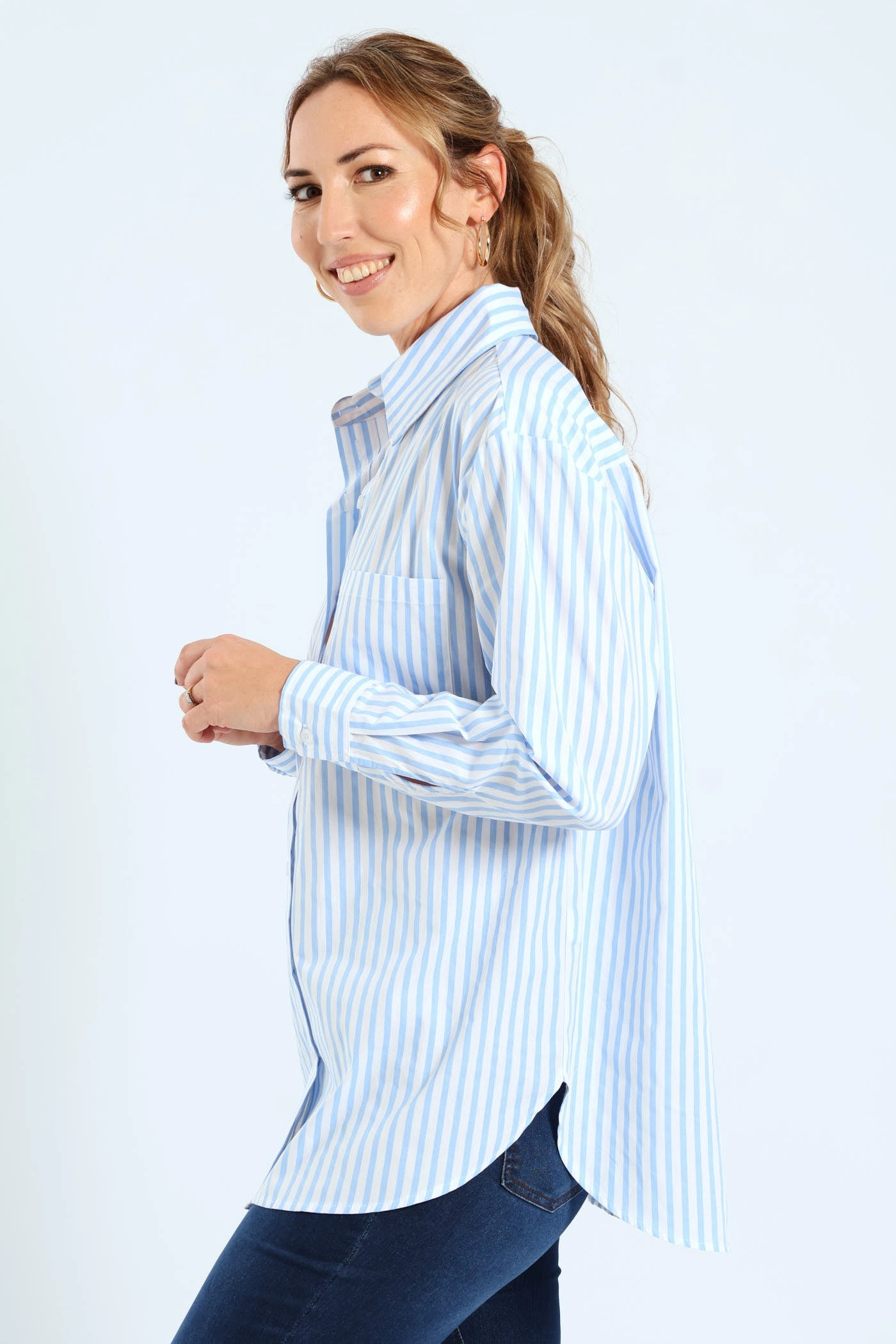 Long Sleeve Oversized Stripe Poplin Shirt - White/Blue Bonded Seam Technology
