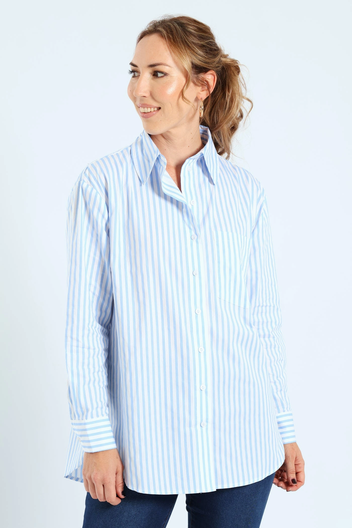 Long Sleeve Oversized Stripe Poplin Shirt - White/Blue Non Irritating Seam Finish Stretchable Waistband
