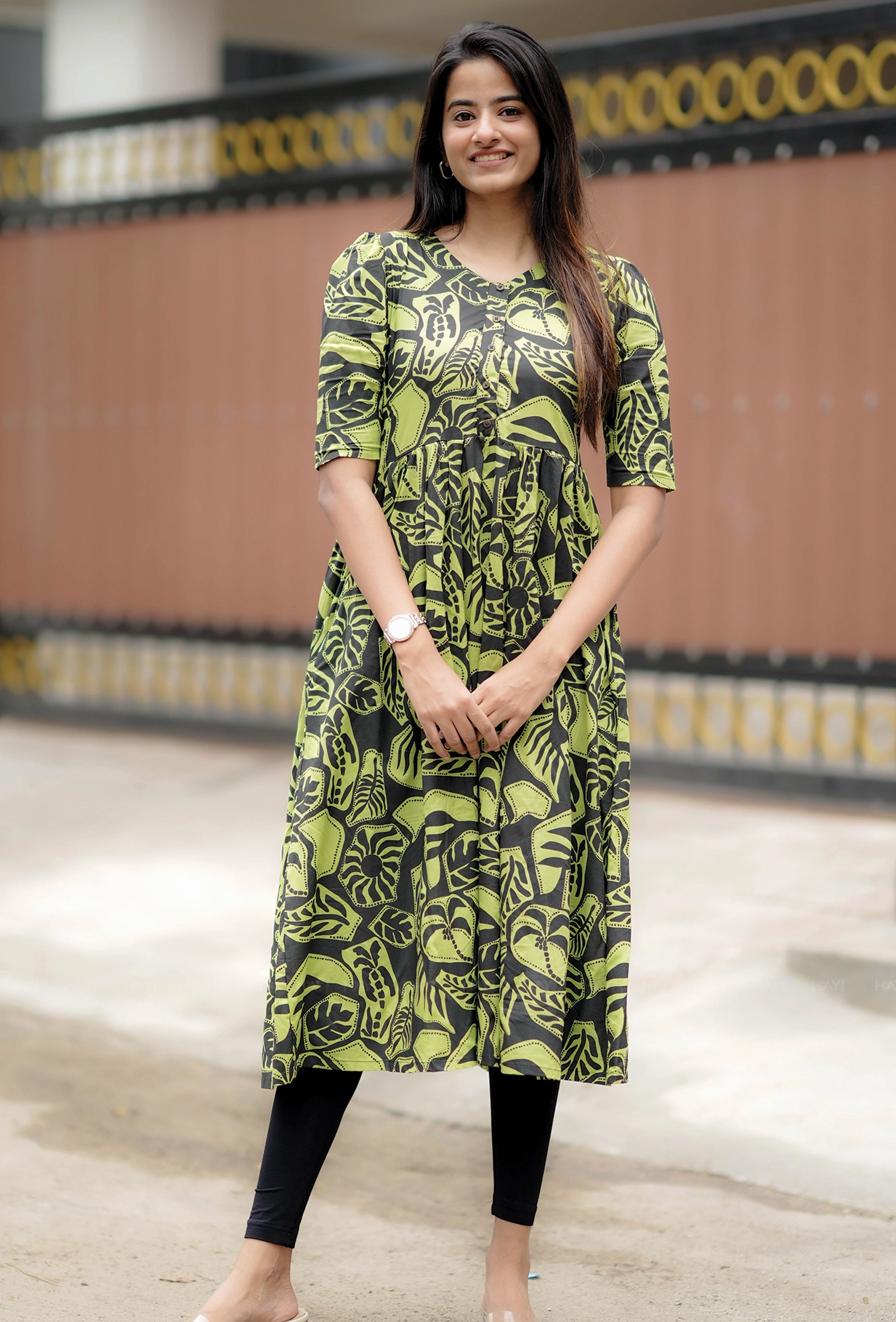 Sculpted Form Timeless Cut Jungle Eclipse Green Printed Viscose Maternity and Feeding dress