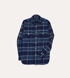 Refined Aesthetic Blue Check Cotton Long Point Collar Work Shirt