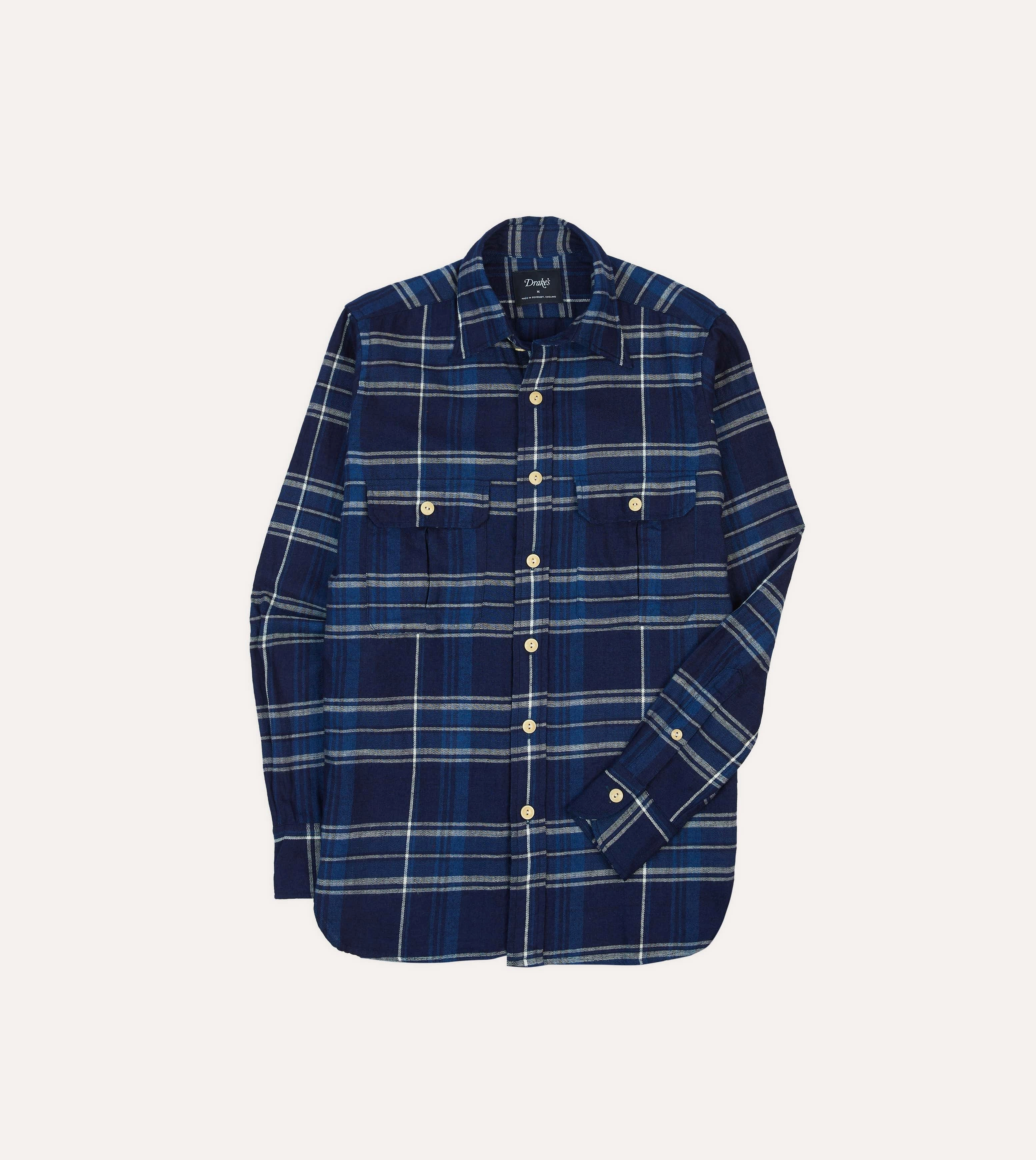 Refined Aesthetic Blue Check Cotton Long Point Collar Work Shirt