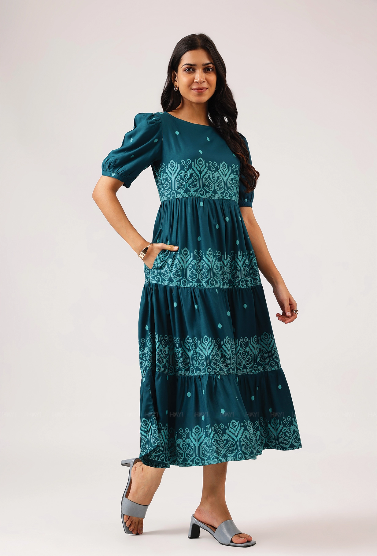 Vibrant Look soft fit Fiesta Teal Green with Carnival Ikat printed Viscose Dress