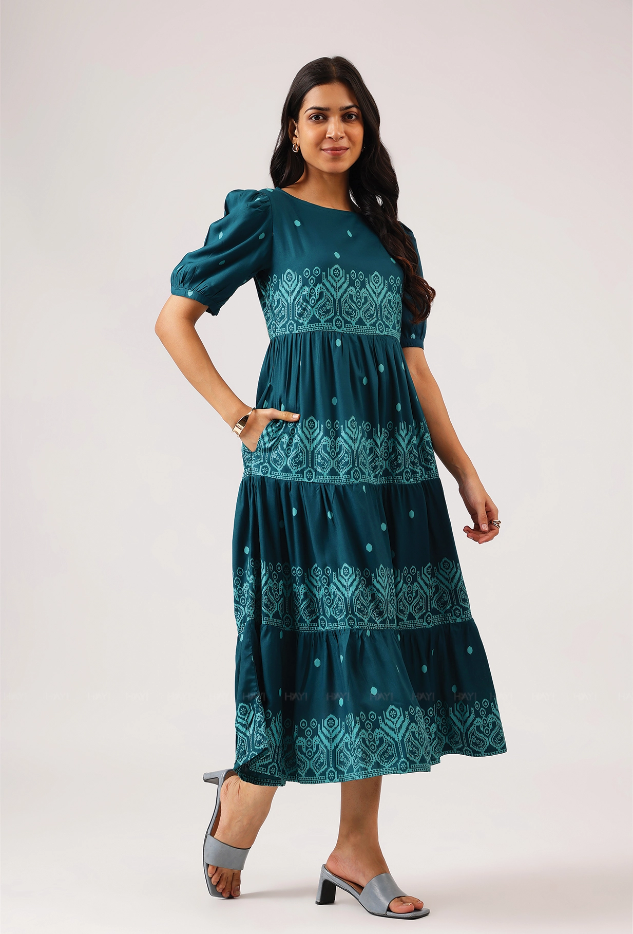 Fiesta Teal Green with Carnival Ikat printed Viscose Dress Curvy Glam Seasonal Mood