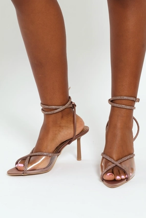 Lace Up Vinyl Diamante Stiletto Heel With Straps - Taupe Chic Booties Cozy Mood