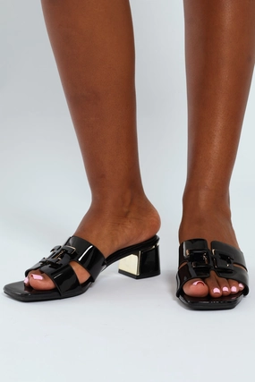 Flexible Construction Vegan Wedding Heels Metal Insert Heel Mule With Wide Vamp & Trim - Black