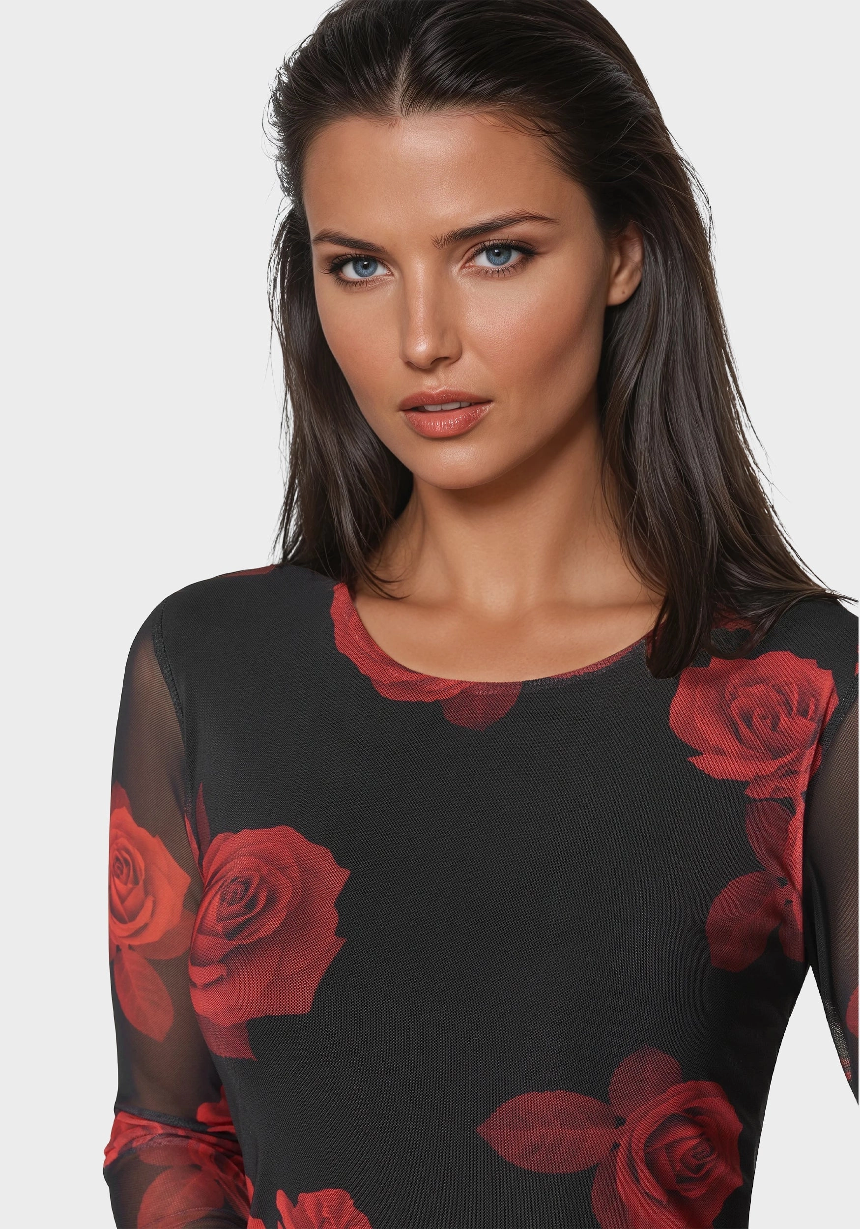 Versatile Design Front Ruffle Long Sleeve Printed Powermesh Maxi