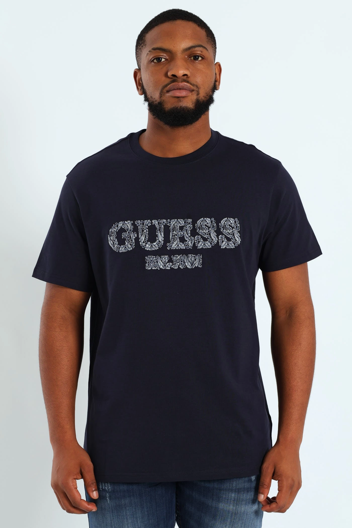 Urban Fashion Look Layered Wear Short Sleeve Embroidered Tee - Navy
