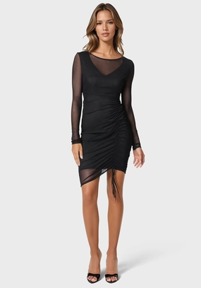 Neutral Layer Powermesh Midi Dress With Side Shirring