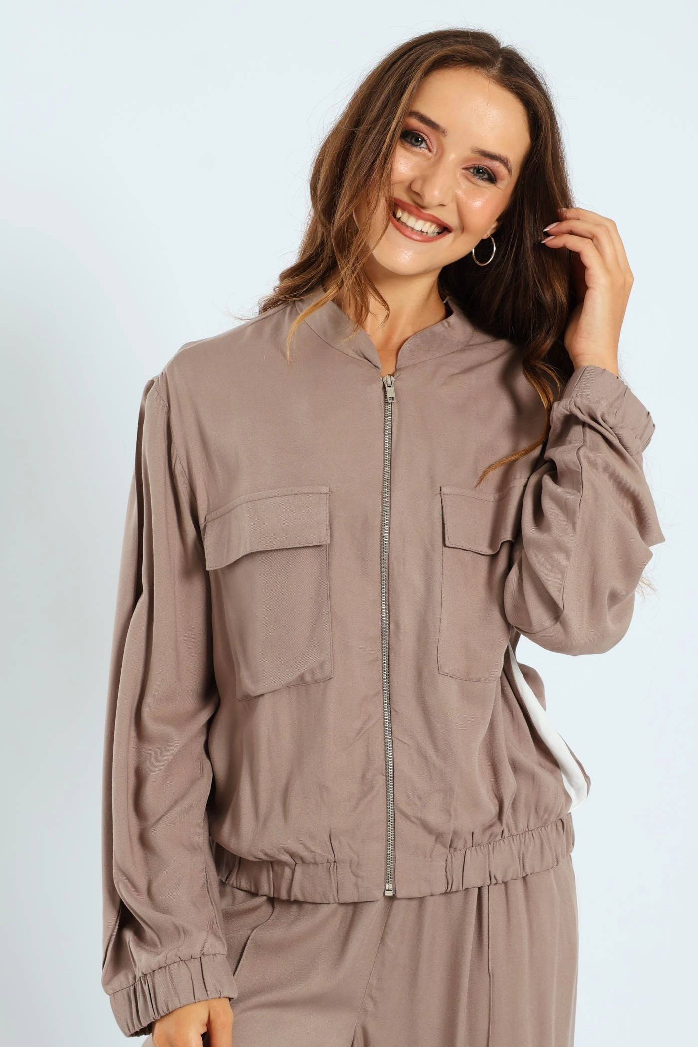 Flexible Shoulder Panels Practical Cold Piece Utility Pocket Bomber With Sportstripe - Taupe