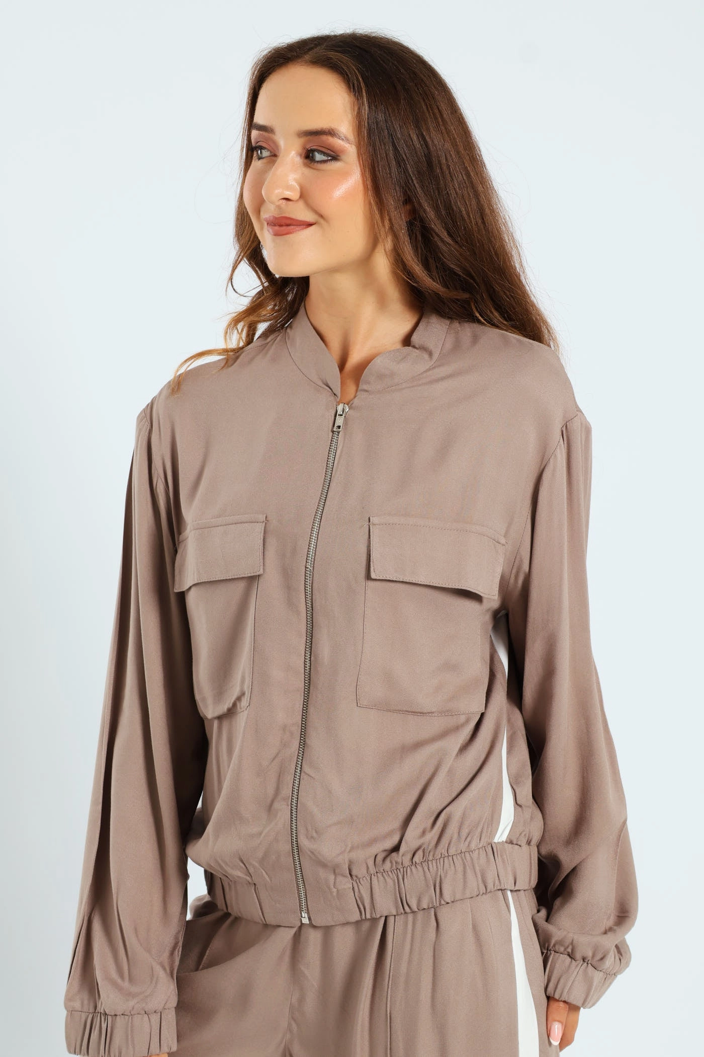 Comfy Fit Piece Magnetic Closure System Utility Pocket Bomber With Sportstripe - Taupe