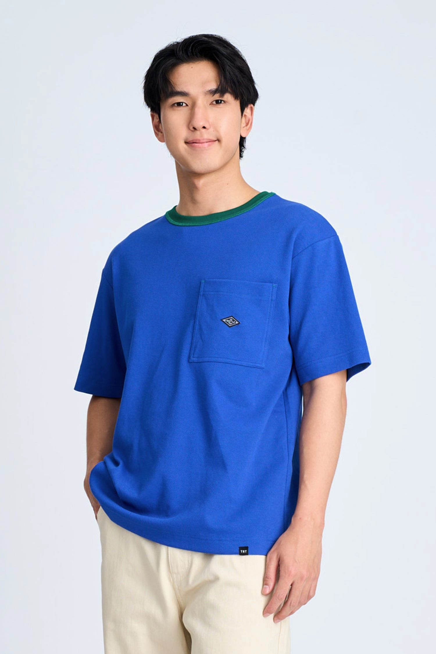 (B) Boxy Twill Jersey Contrast Collar Tee - Peacock Blue PortableOption NonRestrictiveSilhouette