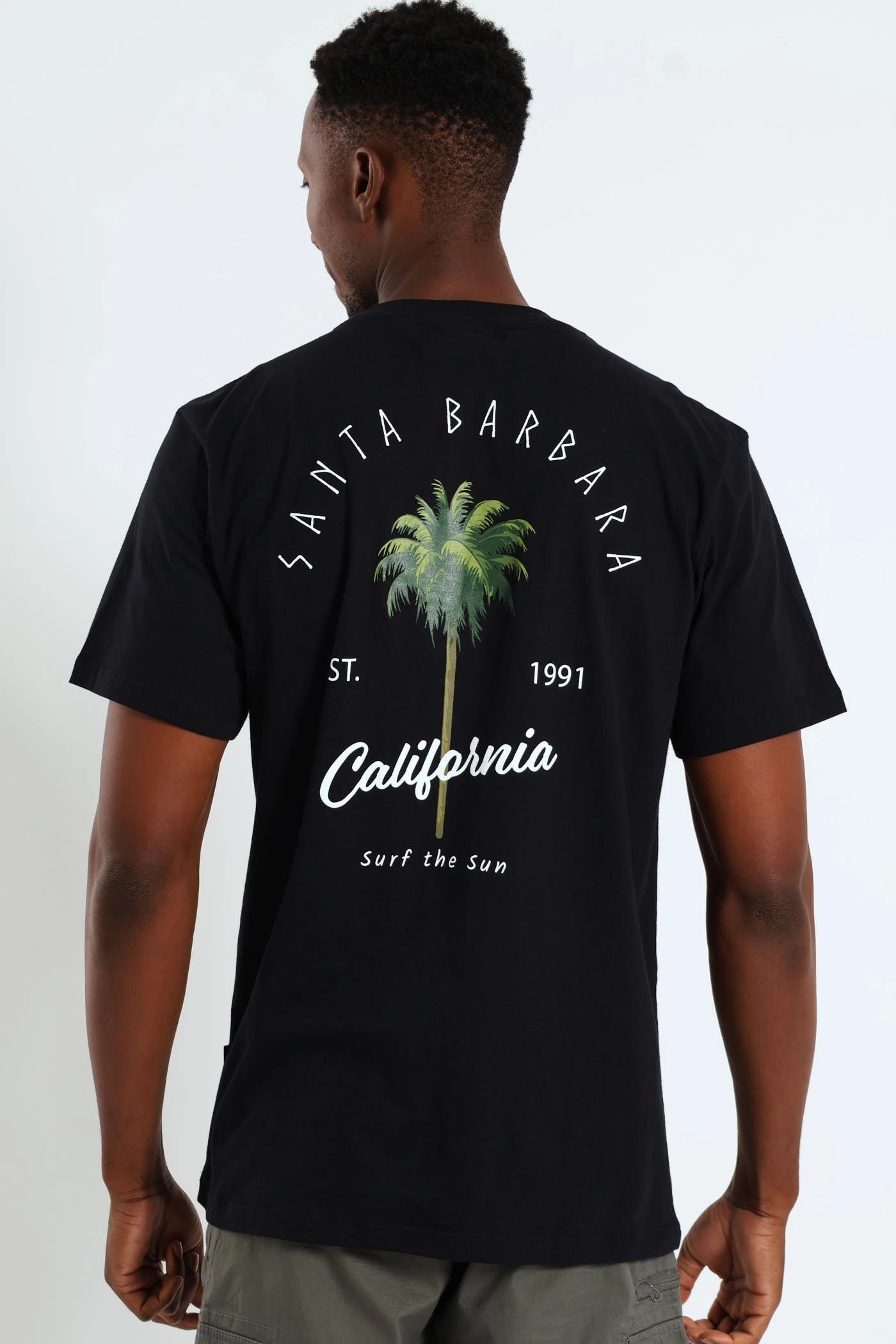 Formal Elegance Stretchable Knit Santa Barbara Front & Back Print Tee - Black