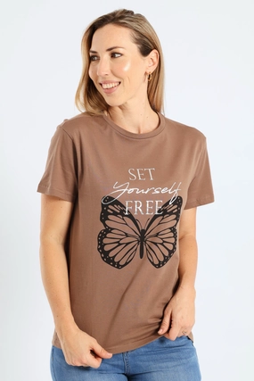 stain resistant coating Reinforced Hems Short Sleeve Set Yourself Free Butterfly Foil Regular Tee - Taupe