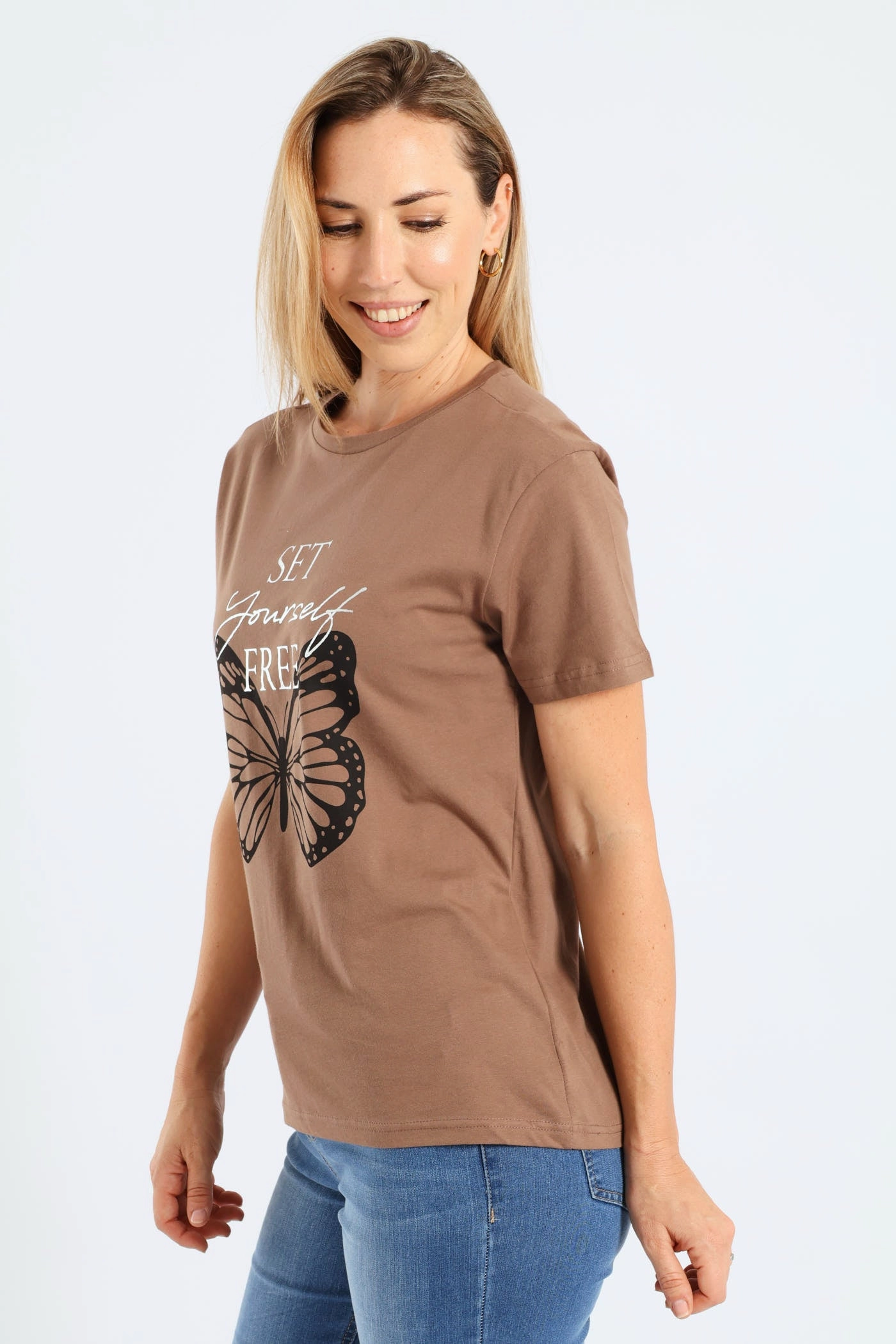 Short Sleeve Set Yourself Free Butterfly Foil Regular Tee - Taupe SeamlessKnitConstruction AntiSnagYarnProcessing