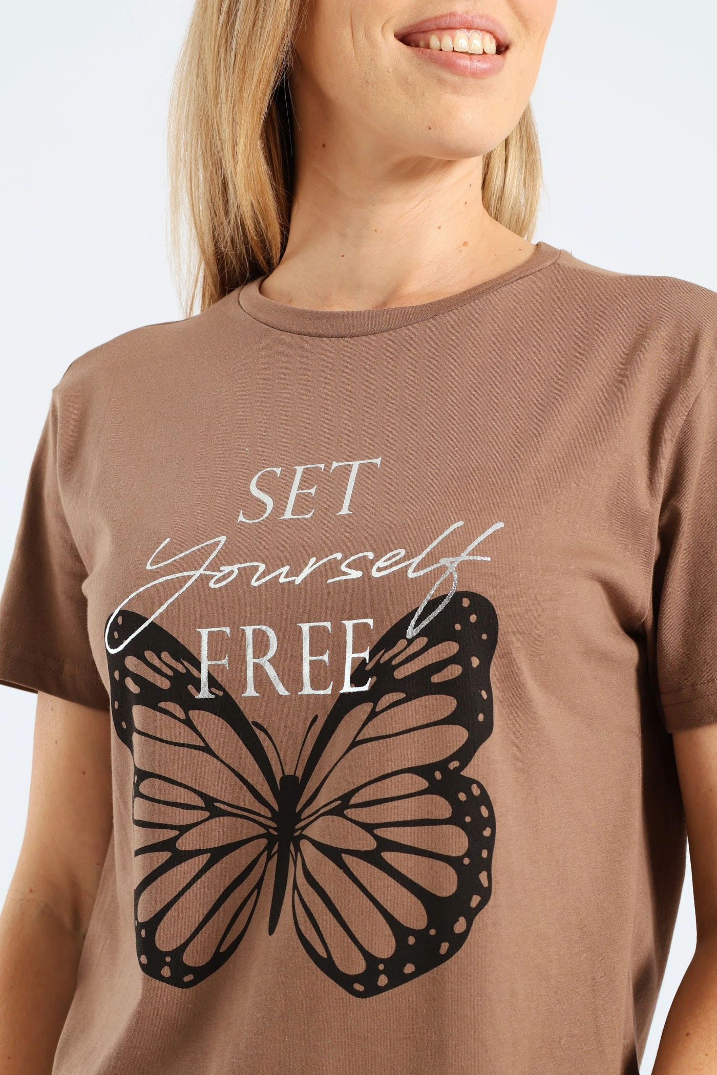 Fitted Tank Comfortable Collar Short Sleeve Set Yourself Free Butterfly Foil Regular Tee - Taupe
