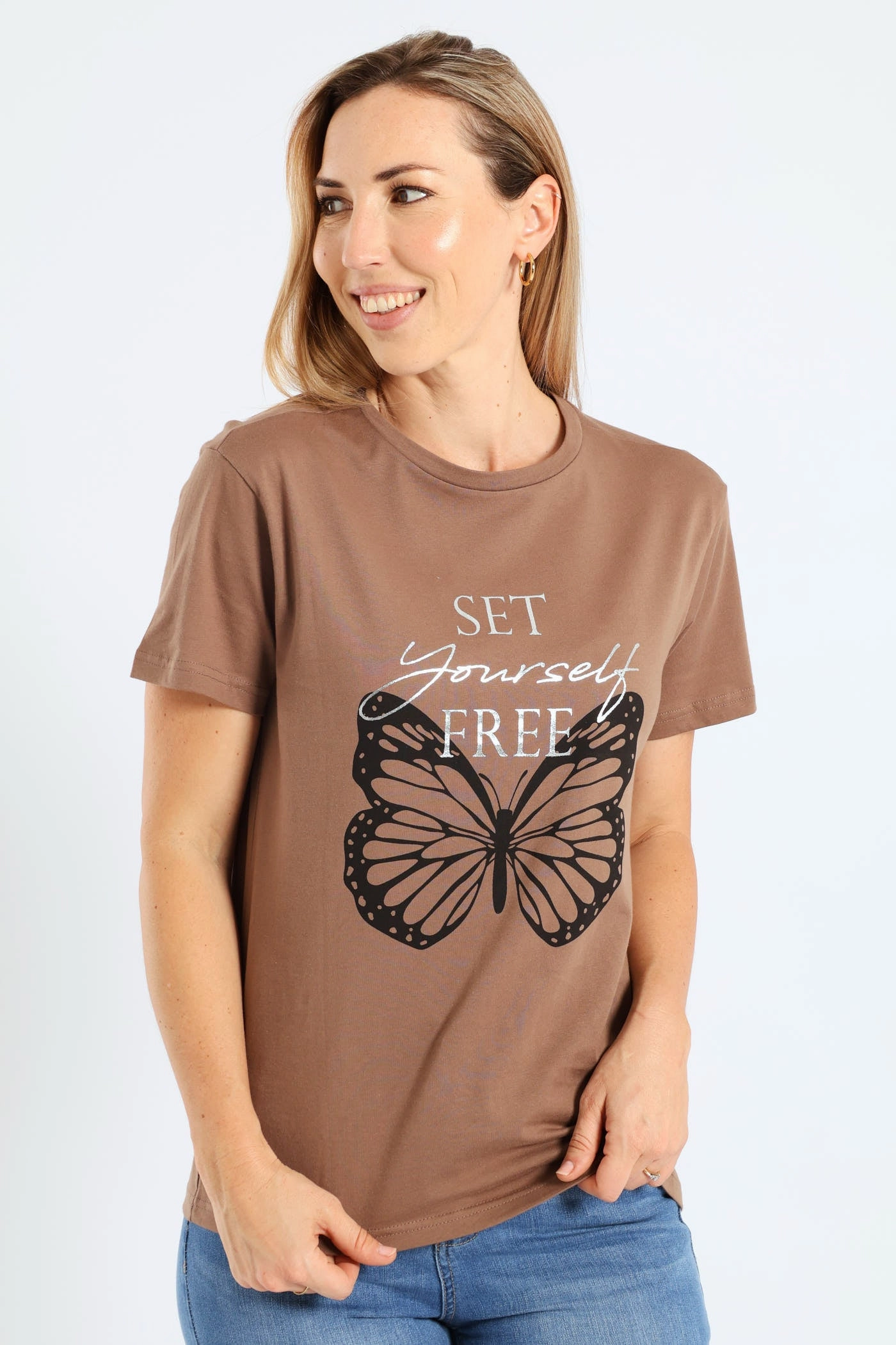stain resistant coating Reinforced Hems Short Sleeve Set Yourself Free Butterfly Foil Regular Tee - Taupe