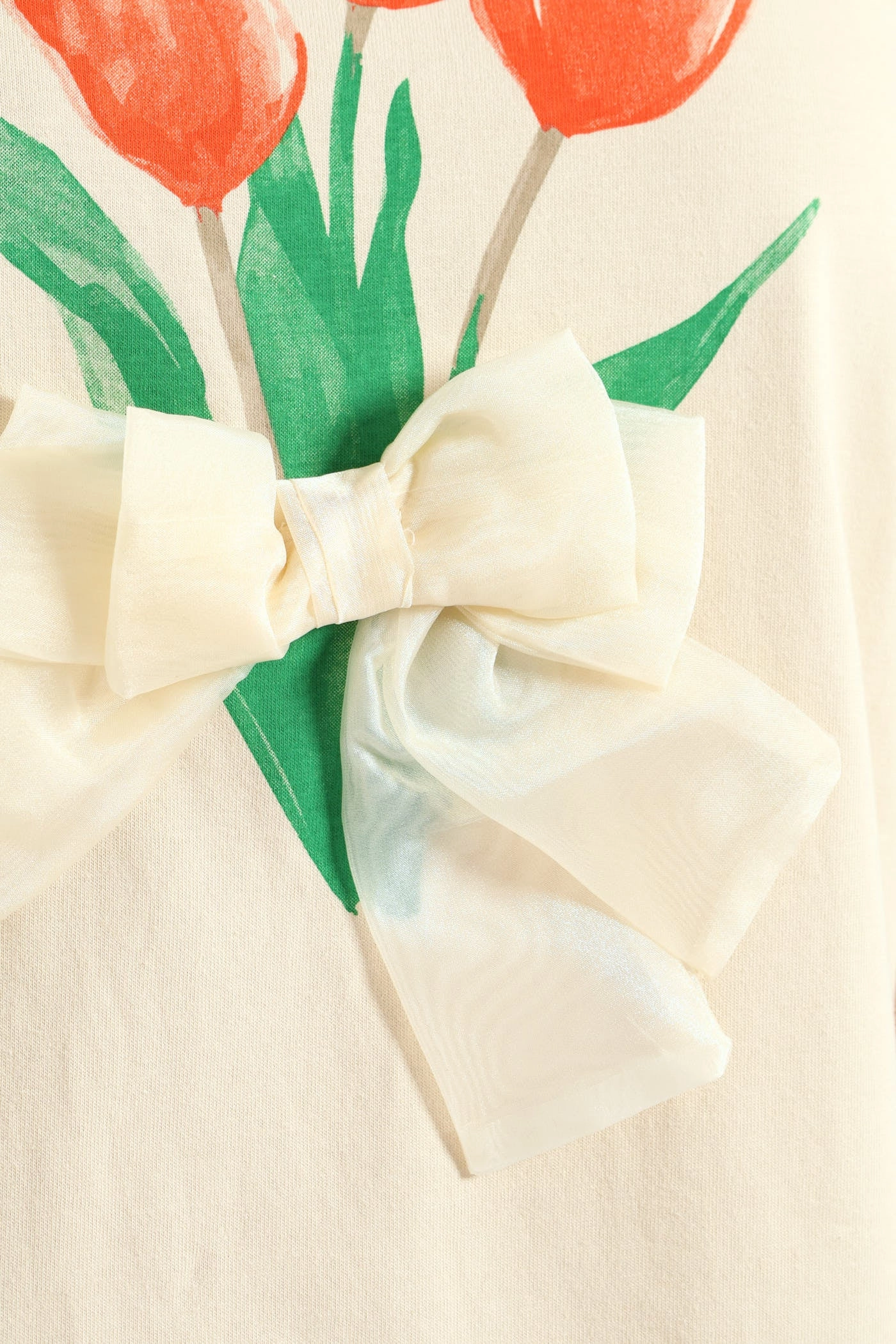 DropShoulder ReflectiveTrim Short Sleeve Rib Neck Tullip 3-D Bow Tee - Light Stone