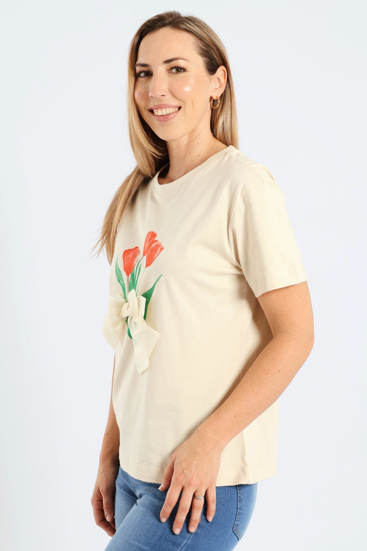 Short Sleeve Rib Neck Tullip 3-D Bow Tee - Light Stone Eco Dye Process