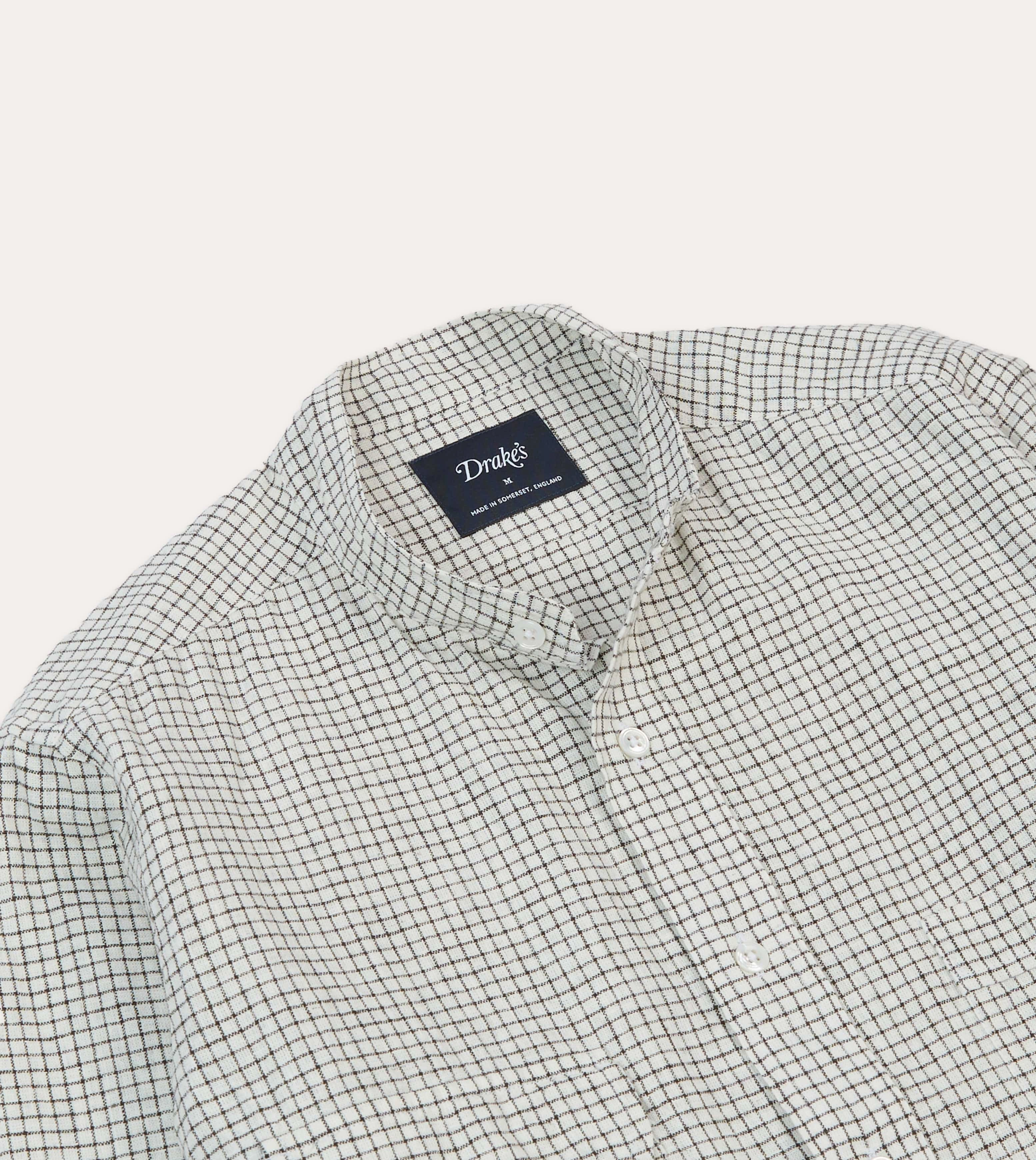 Neutral Shade Performance Fabric Ecru Check Linen-Cotton Mandarin Collar Shirt