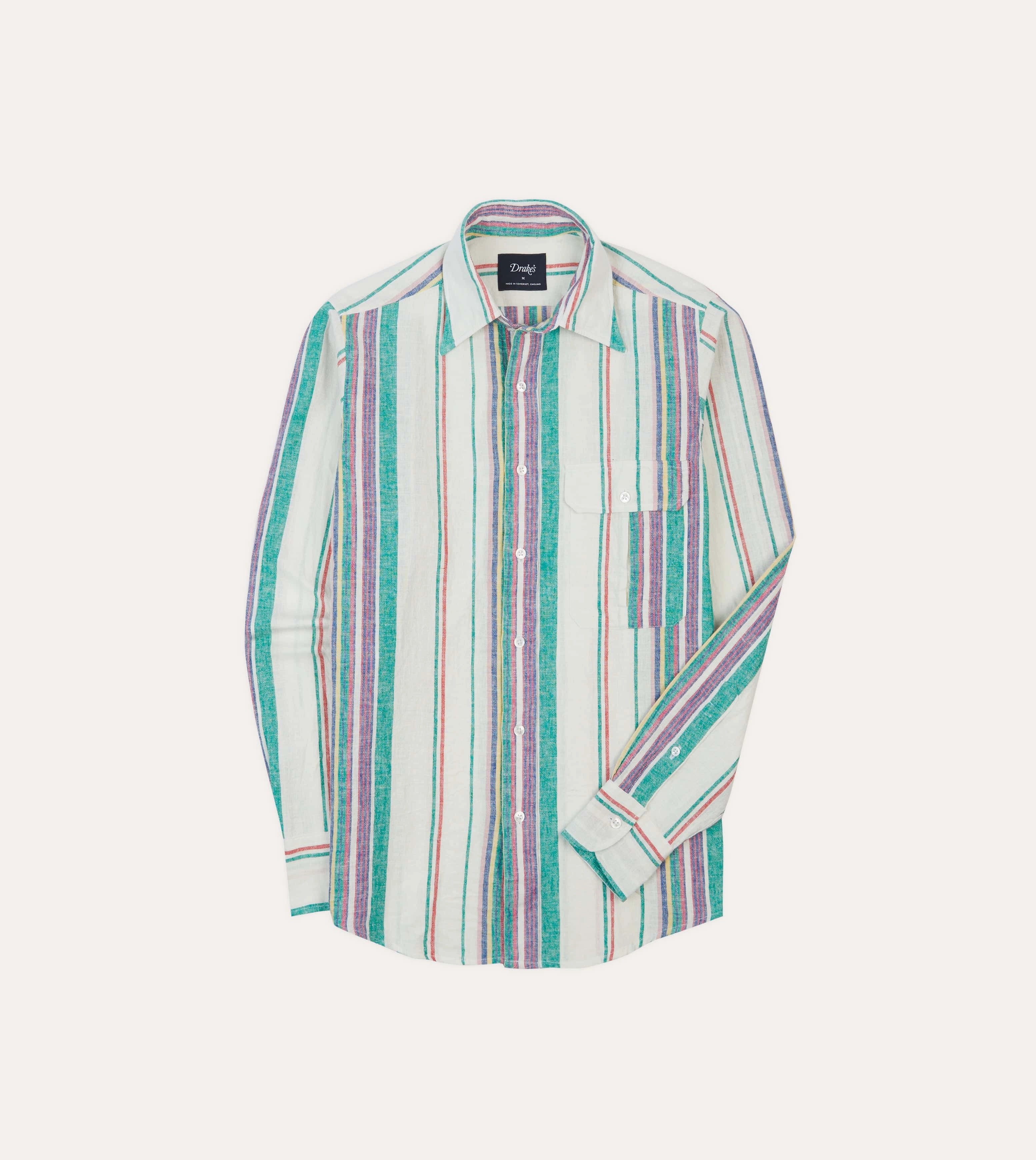 Ecru, Purple and Green Stripe Linen-Cotton Long Point Collar Shirt Structured Collar Non-Iron