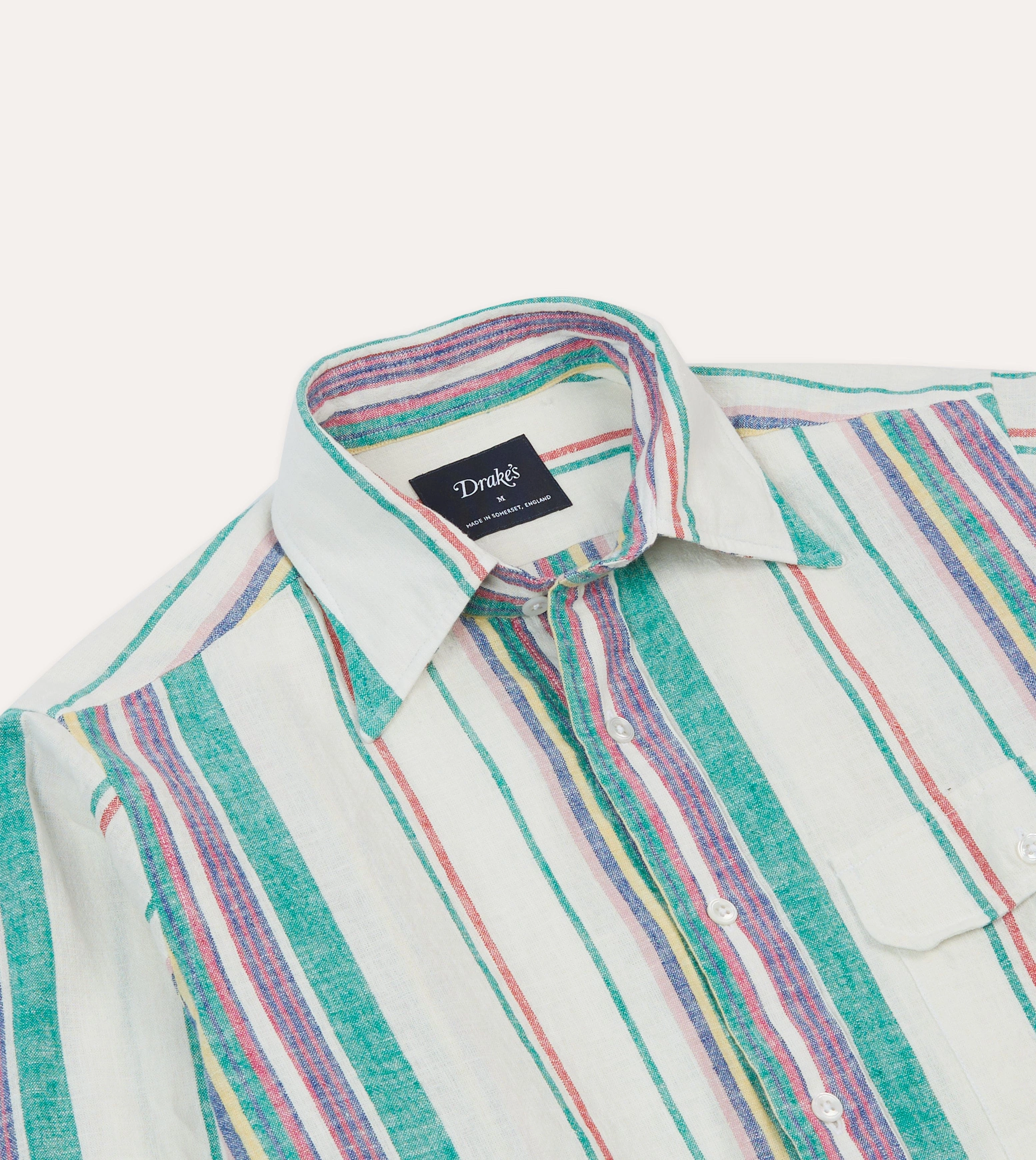 Ecru, Purple and Green Stripe Linen-Cotton Long Point Collar Shirt Low Profile Pocket Design