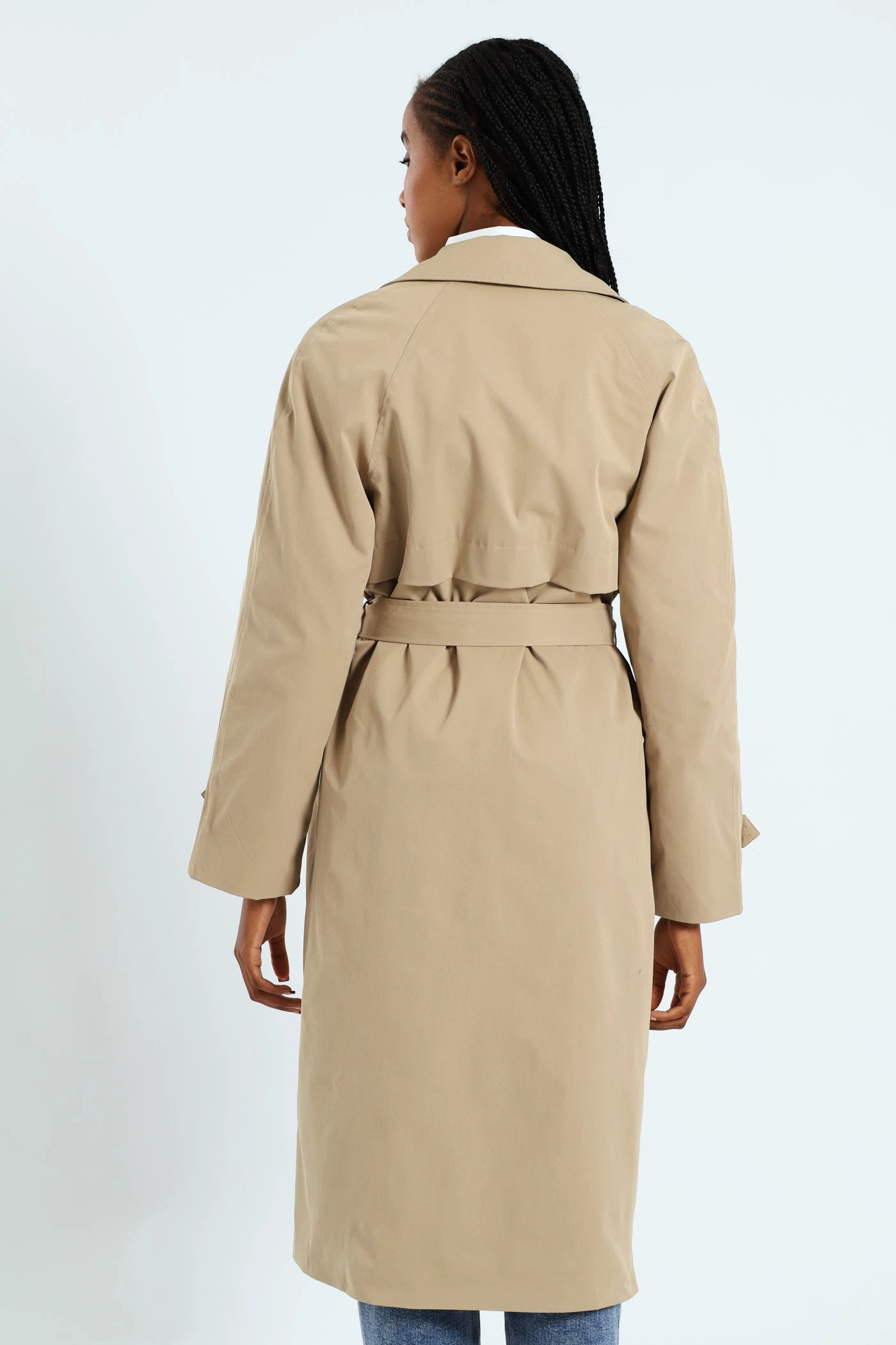 Zippered Vents Wrap Trench Coat With Self Belt - Khaki