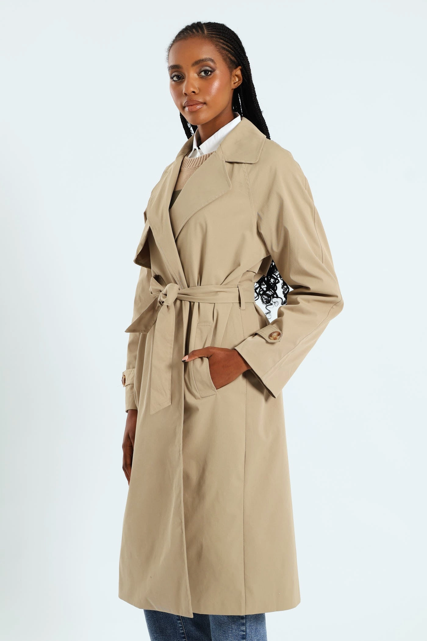 Wrap Trench Coat With Self Belt - Khaki Convertible Cuff System