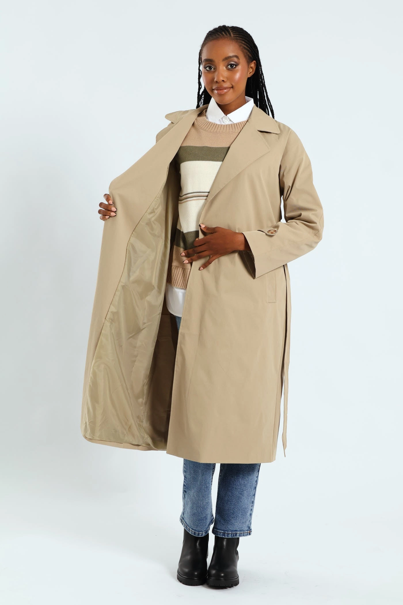 Wrap Trench Coat With Self Belt - Khaki Sporty Casual