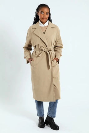 Bonded Collars Old Style Wrap Trench Coat With Self Belt - Khaki