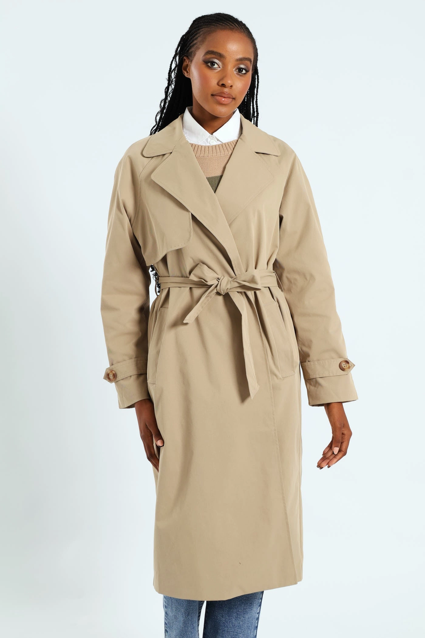 Water Resistant Shell Wrap Trench Coat With Self Belt - Khaki