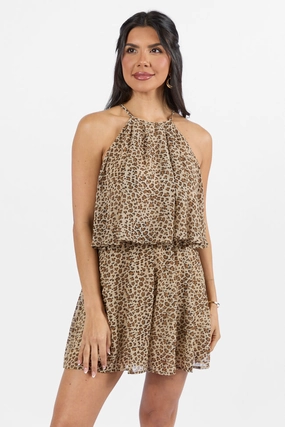 Spotlight Moment Leopard Print Halter Neck Romper FINAL SALE City Essential Tulle-Overlay
