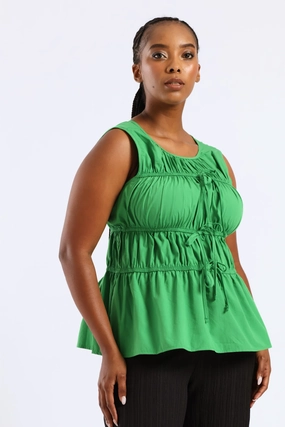 Ventilated Panel Design Elasticated Tiered Flare Bow Detail Top - Green