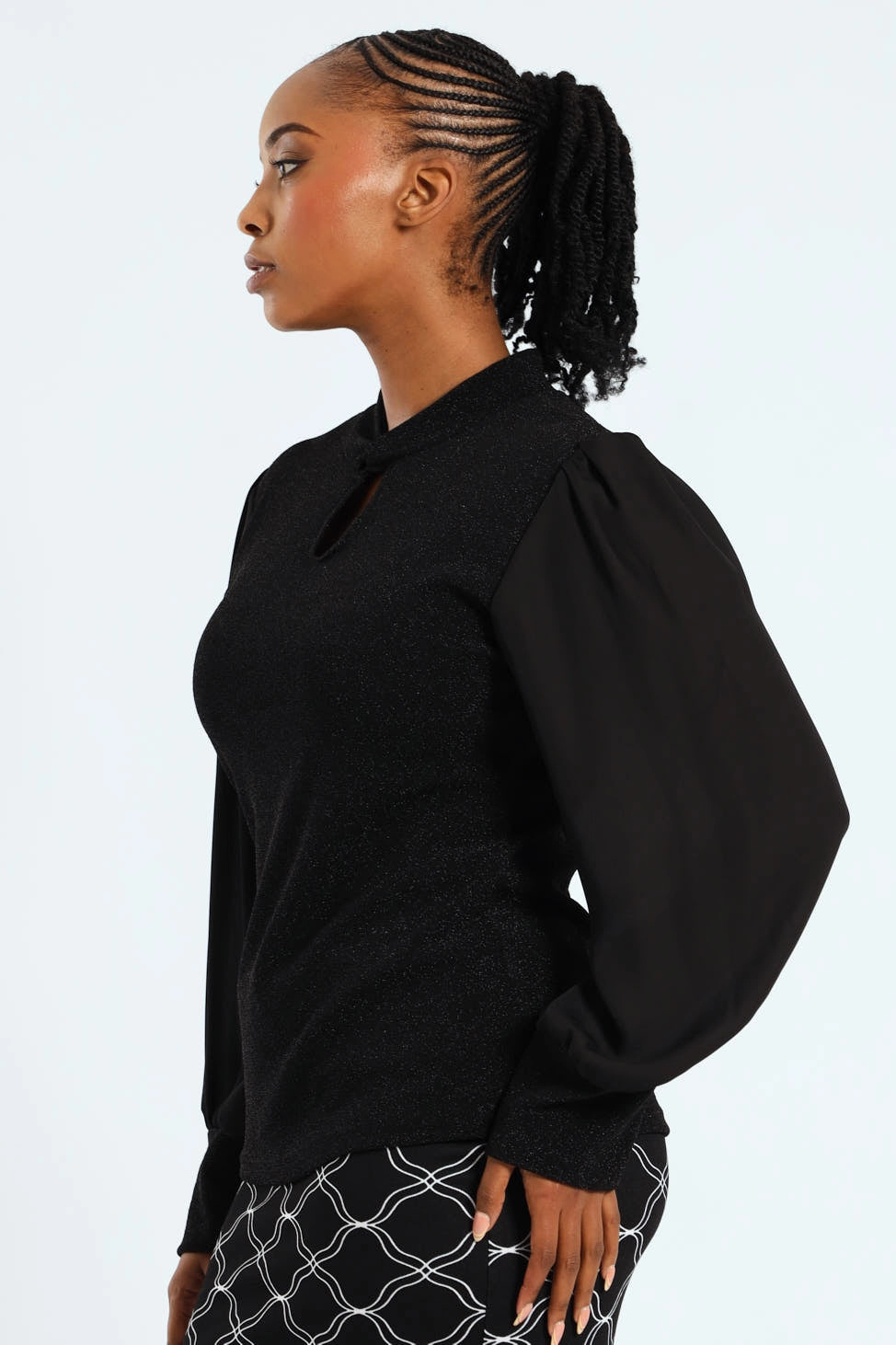 Twist Neck Keyhole Shimmer Combo Blouse - Black Wind Resistant Fabric