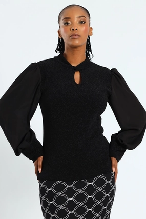 Twist Neck Keyhole Shimmer Combo Blouse - Black PuckerFree Surface AllDaySoftness