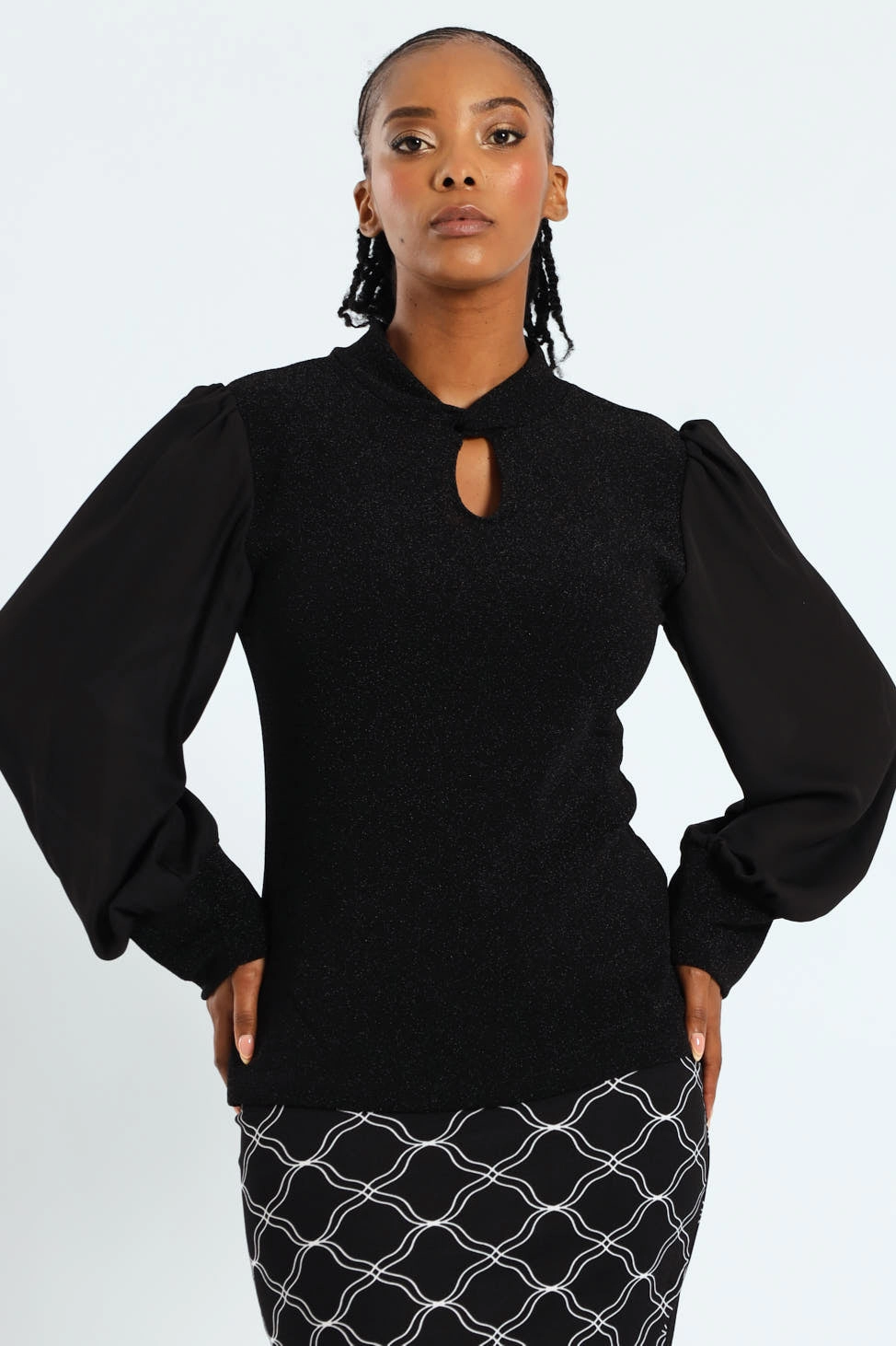 Twist Neck Keyhole Shimmer Combo Blouse - Black Stretch waistband
