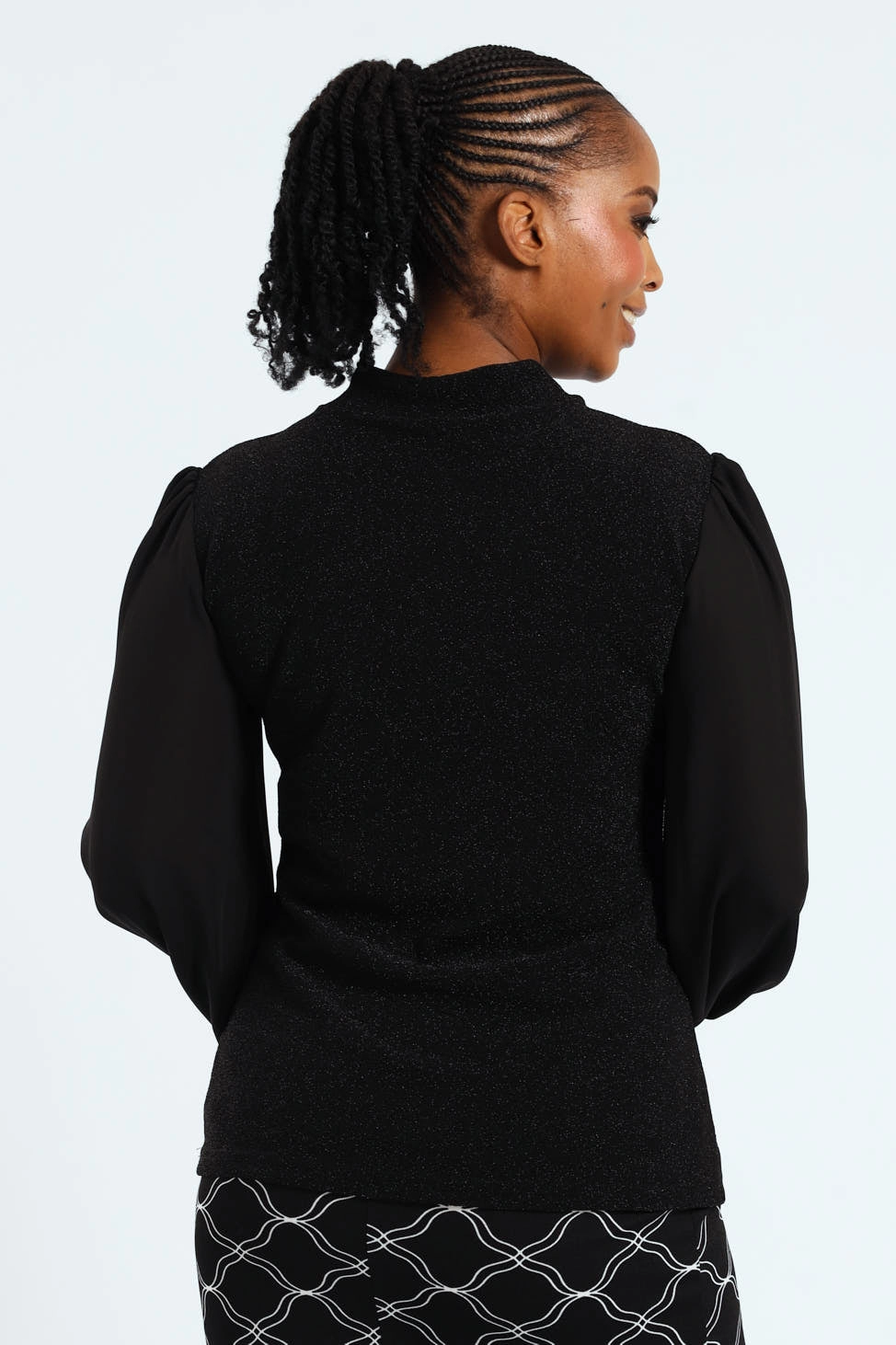 PlacketDetail QuickDryConstruction Twist Neck Keyhole Shimmer Combo Blouse - Black