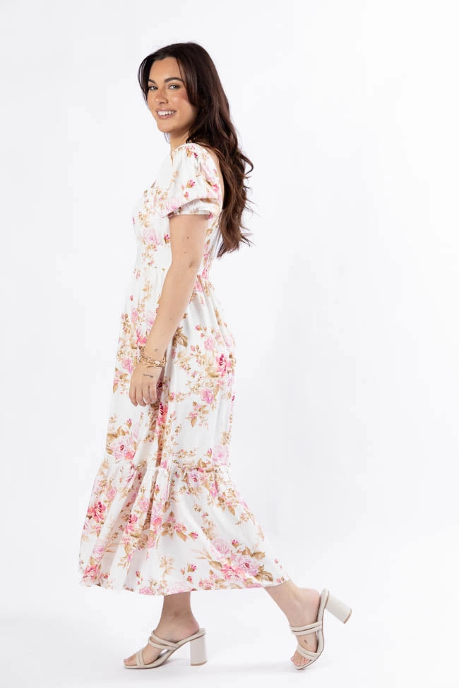 Influencer-Style slim fit Small Town Smoke Show Pink Multi Floral Midi Dress FINAL SALE