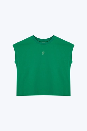 Embroidery Cap Sleeve Tee - Green [AT] Raw Hem Finish WrinkleResistant Texture