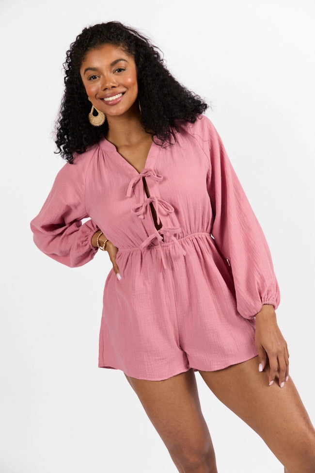 Comfortable and Flattering Endless Sunshine Pink Tie Front Long Sleeve Romper FINAL SALE