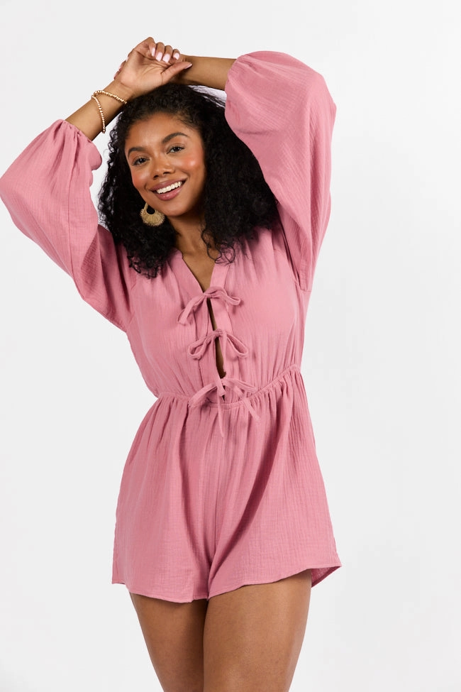 Soft Structure Endless Sunshine Pink Tie Front Long Sleeve Romper FINAL SALE