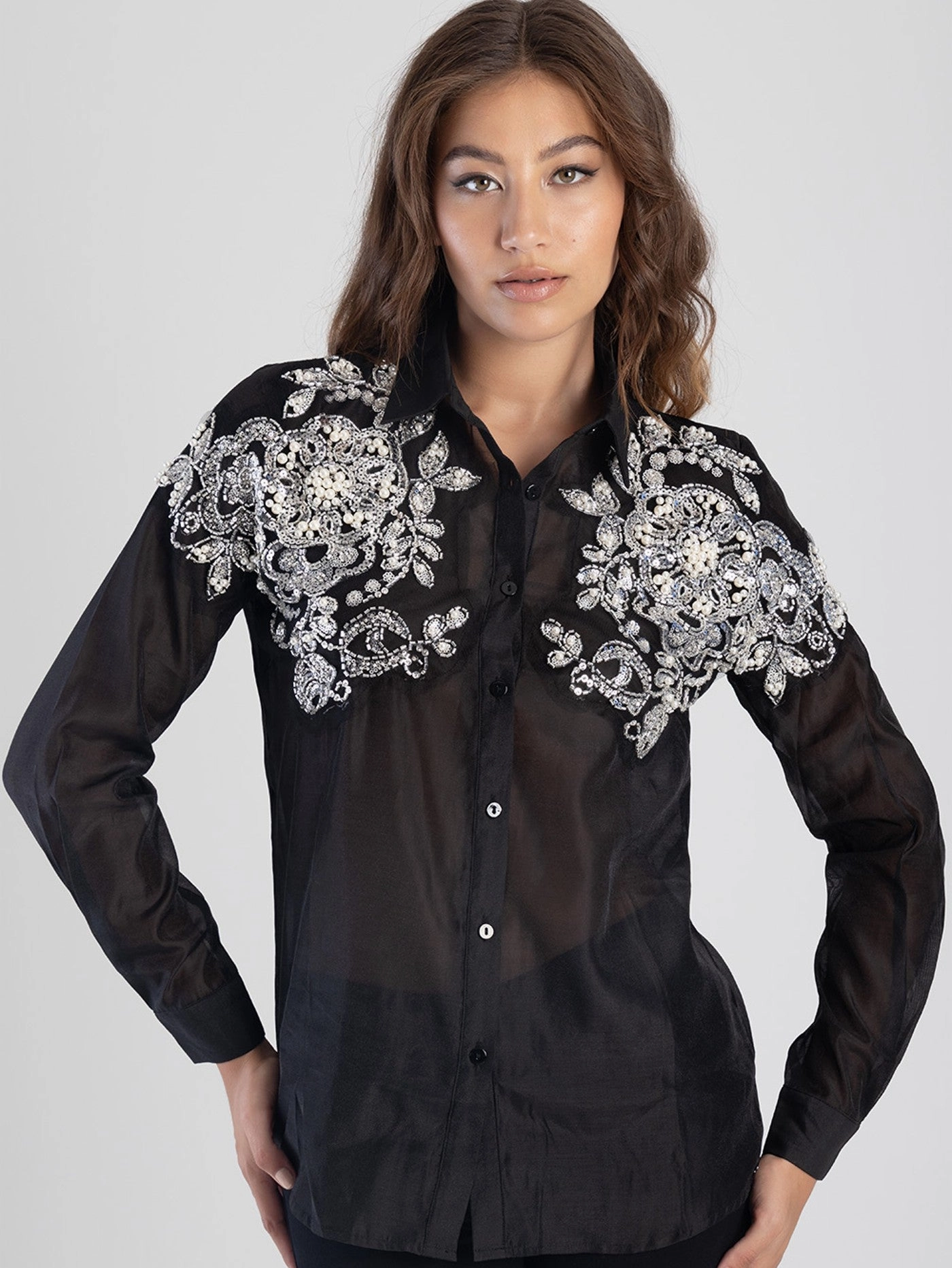 Long Sleeve Sheer Shirt With Embellished Detail - Black AllDaySoftness Low Profile Stitching