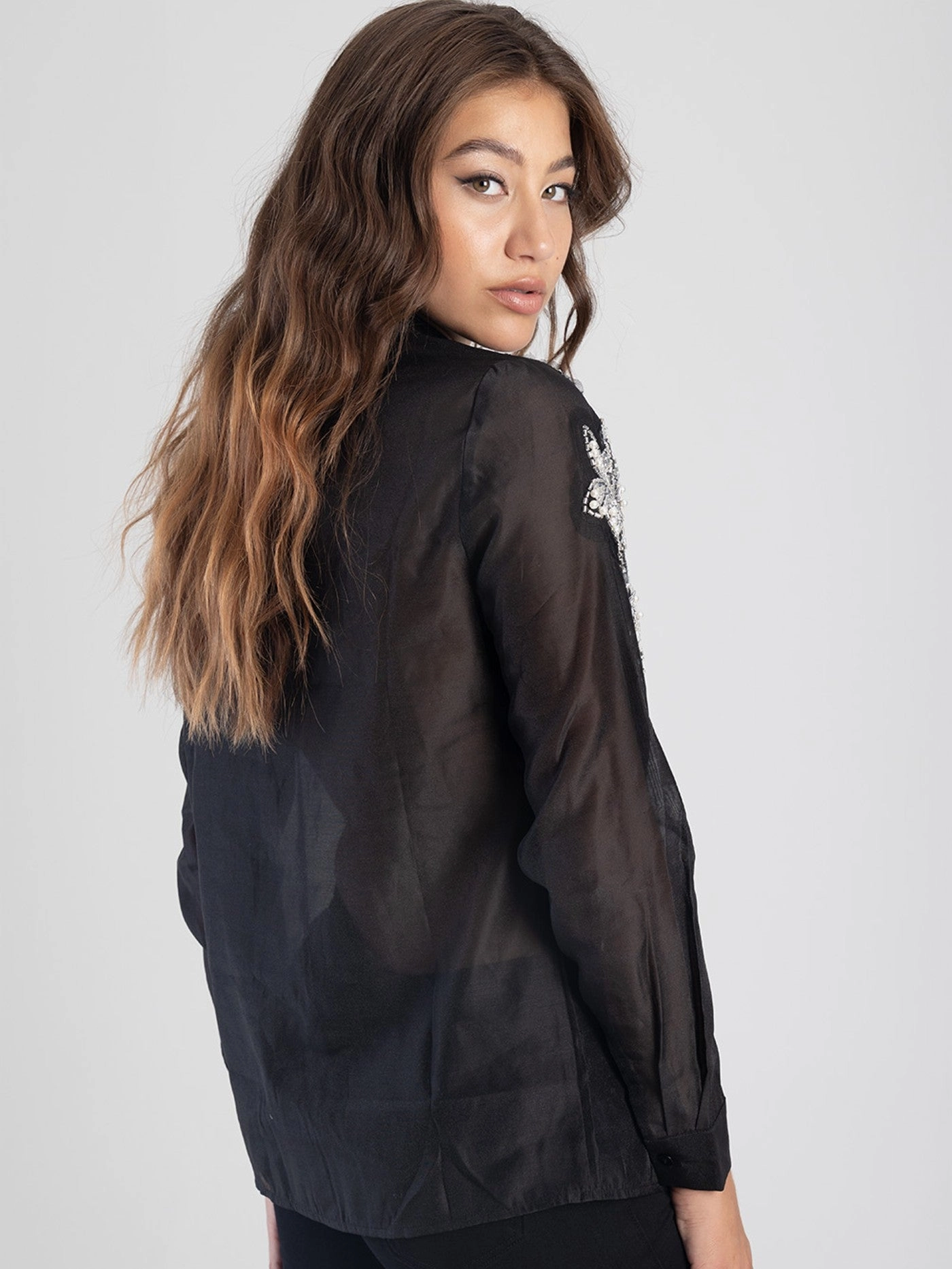 Long Sleeve Sheer Shirt With Embellished Detail - Black ArticulatedElbowShaping