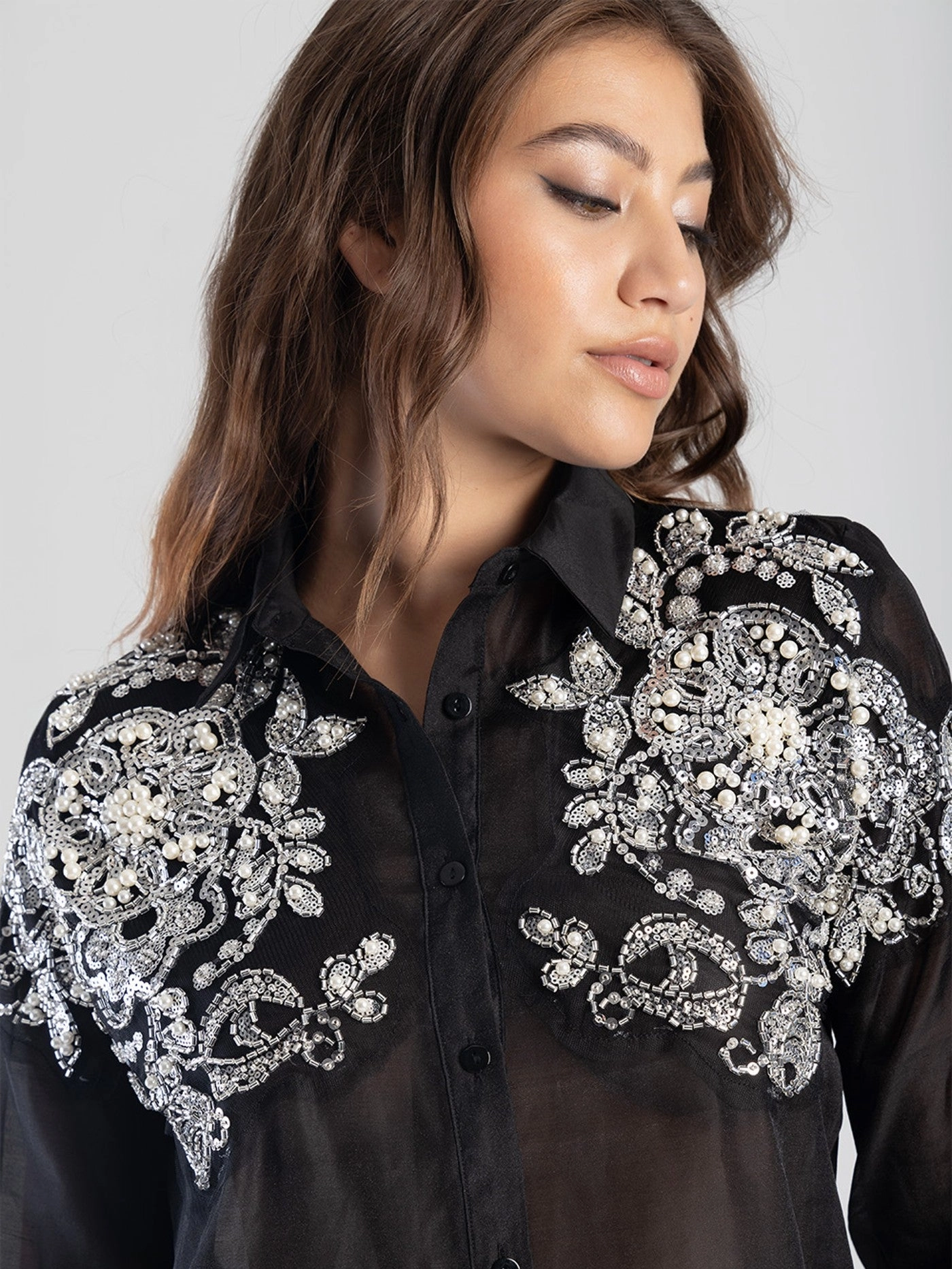 Long Sleeve Sheer Shirt With Embellished Detail - Black DurableStitching Durable Double Stitching
