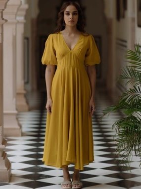 Flattering Fit for All Refined Finish Women's Yellow long dress with balloon sleeves
