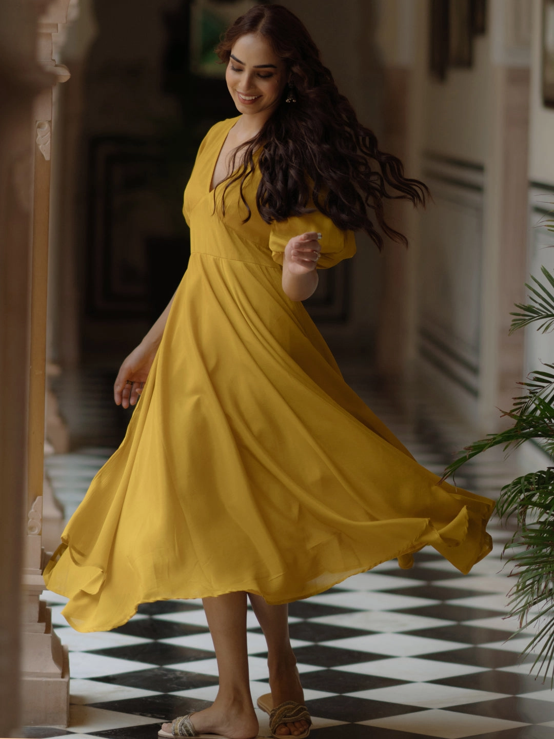 Women's Yellow long dress with balloon sleeves Smooth Flow