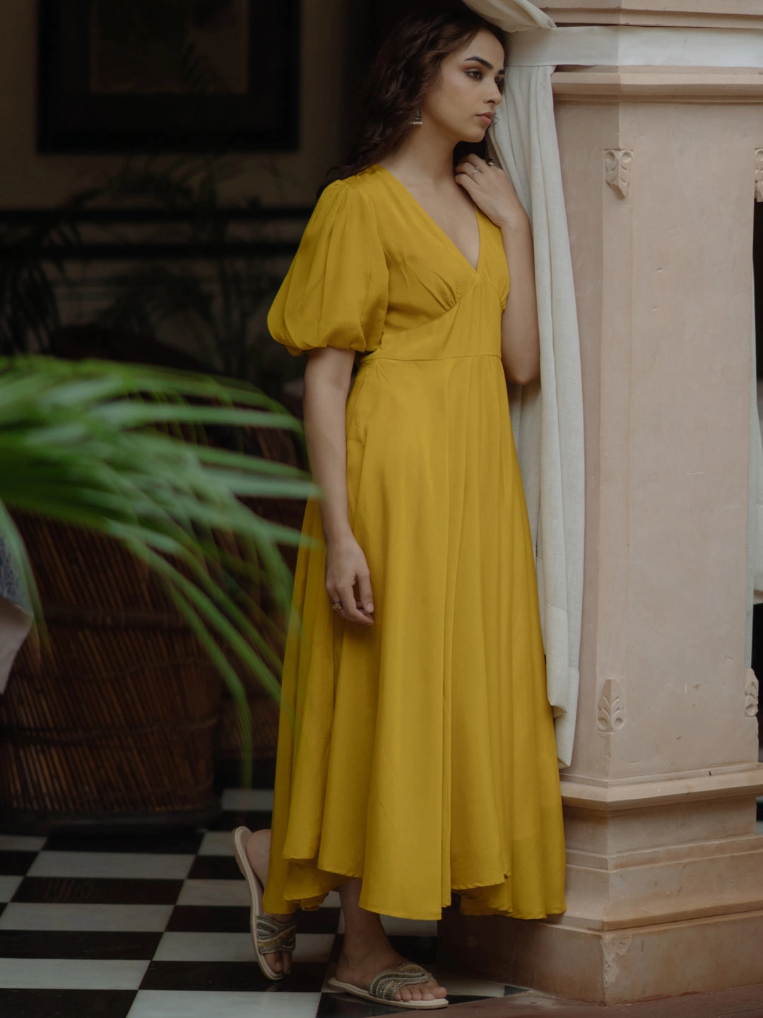 Brunch Tone Women's Yellow long dress with balloon sleeves