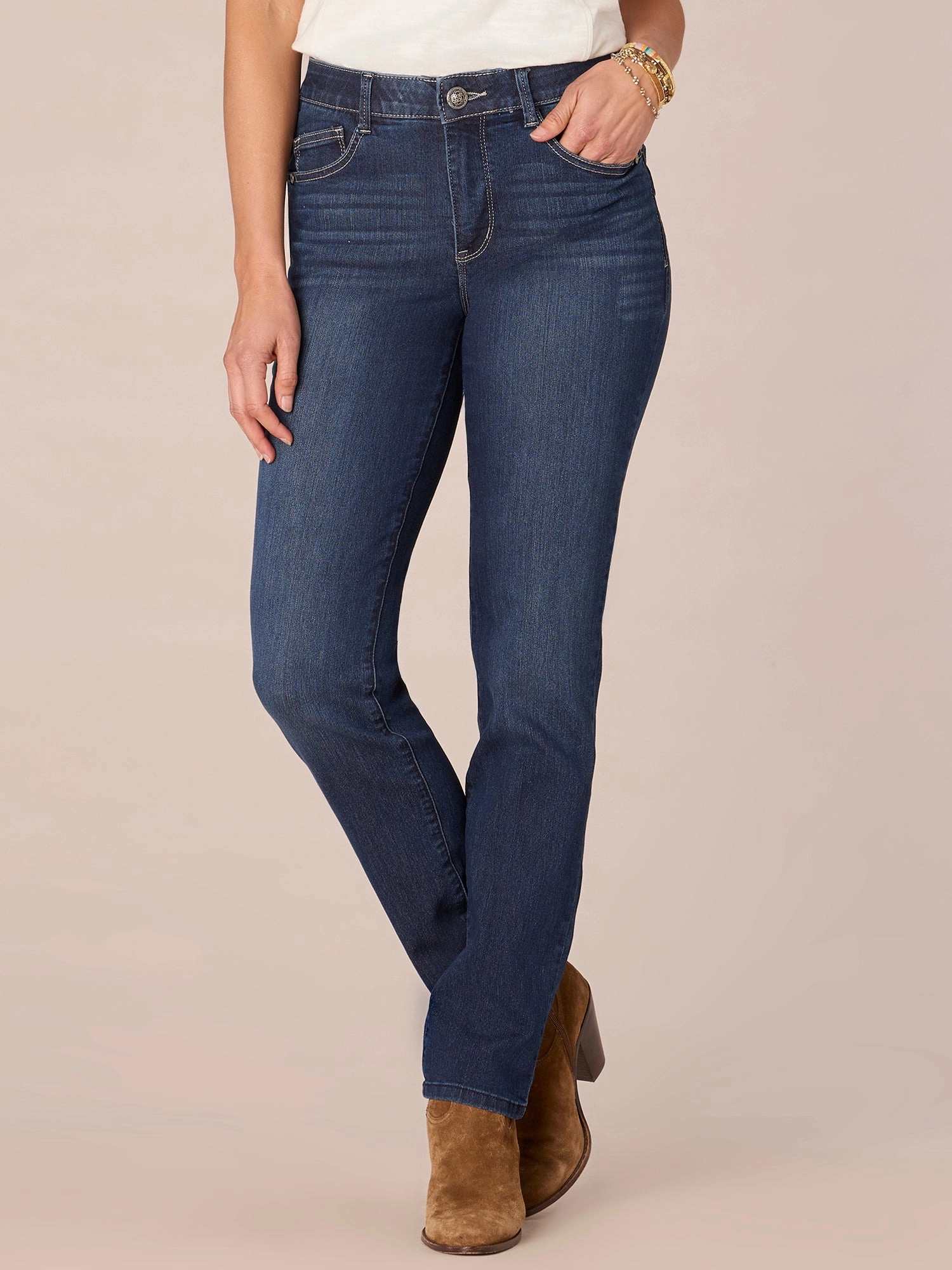 "Ab"solution? Petite High Rise Straight Leg Indigo Jeans Versatile Look