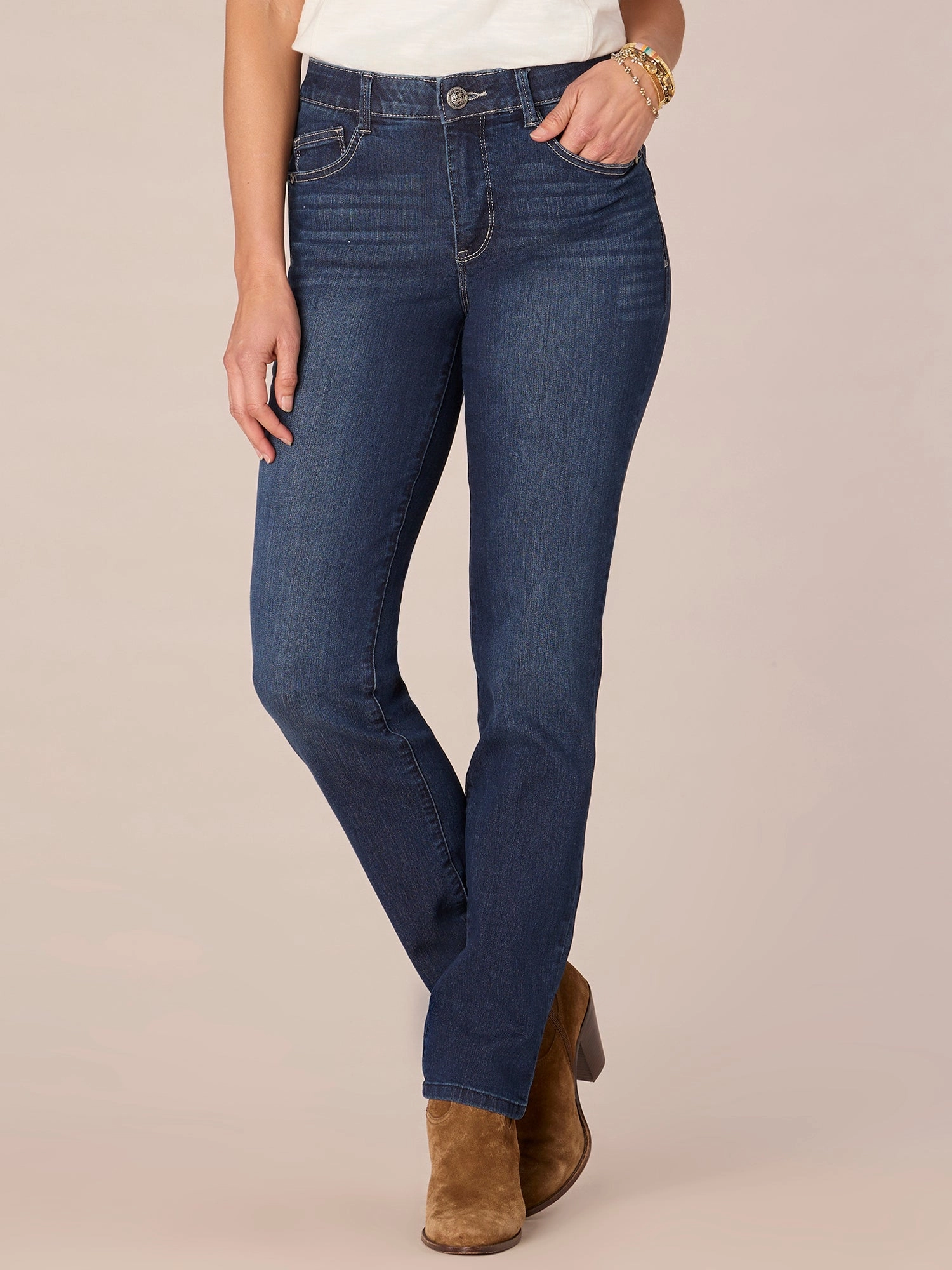 Modern Minimalist Rainy Day Movement Friendly "Ab"solution? Petite High Rise Straight Leg Indigo Jeans